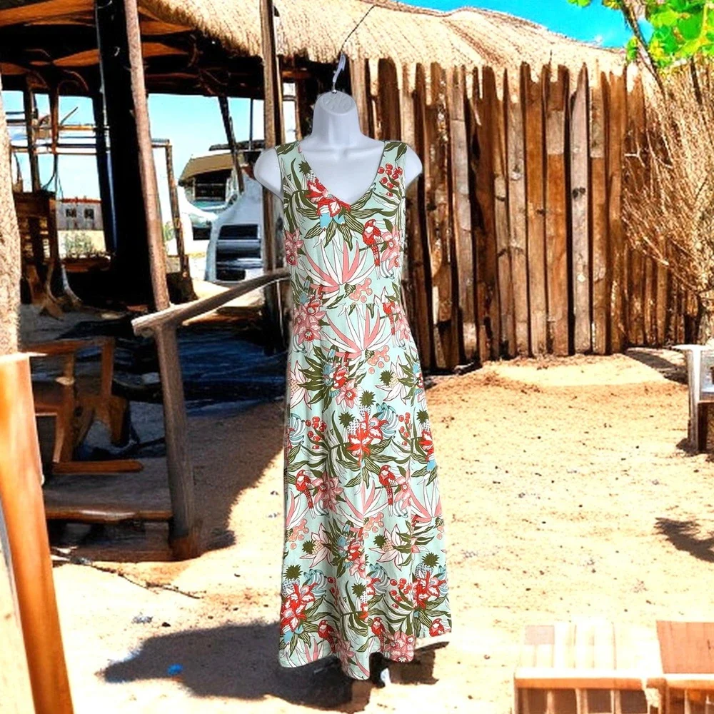 Talbots Coastal Tropical Parrot Floral Size M V-Neck A-Line Maxi Pullover Dress - Picture 11 of 11